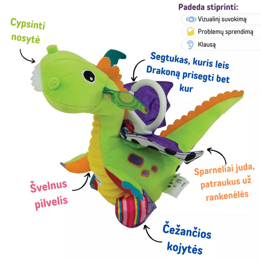 Pakabinamas lavinamasis kūdikio žaislas „Drakonas“ (plasnoja sparnais)